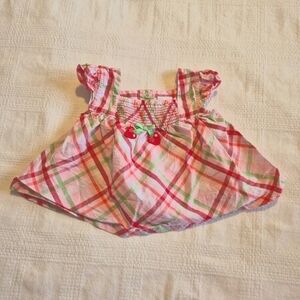 Gymboree girls 3-6 months plaid cap sleeve shirt with strawberry on a bow VGUC
